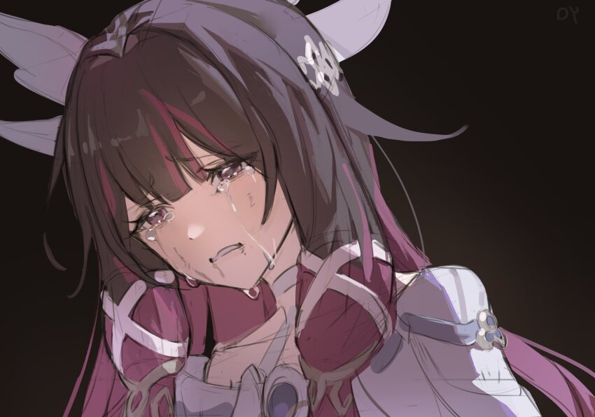 1girl, black_background, black_hair, columbina_(genshin_impact), crying, d_yoong, dress, genshin_impact