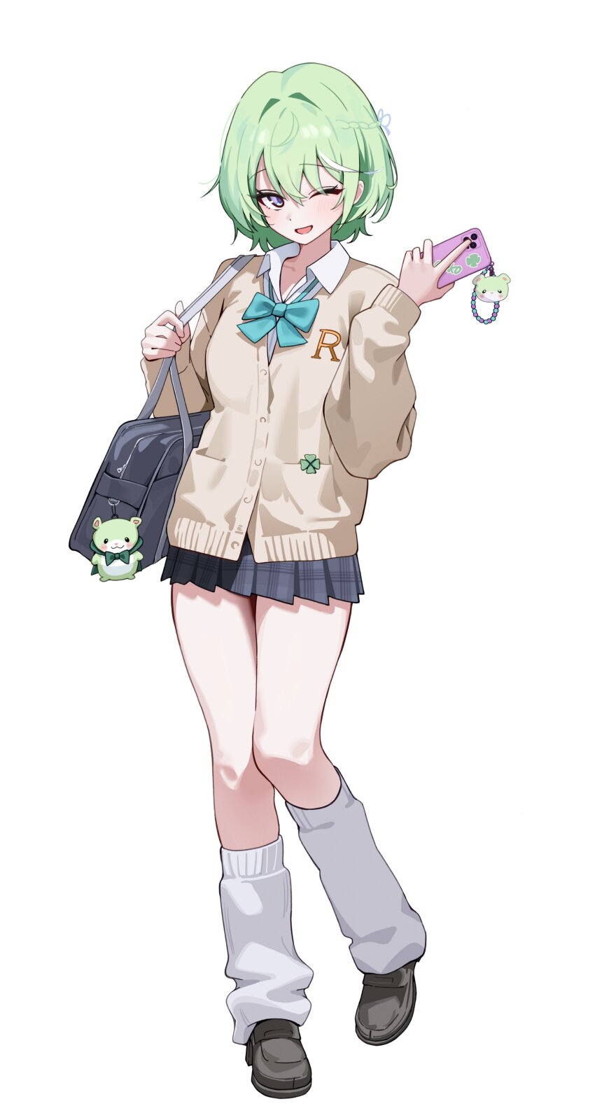 1girl, absurdres, aqua_bow, aqua_bowtie, bag, black_shoes, bow, bowtie