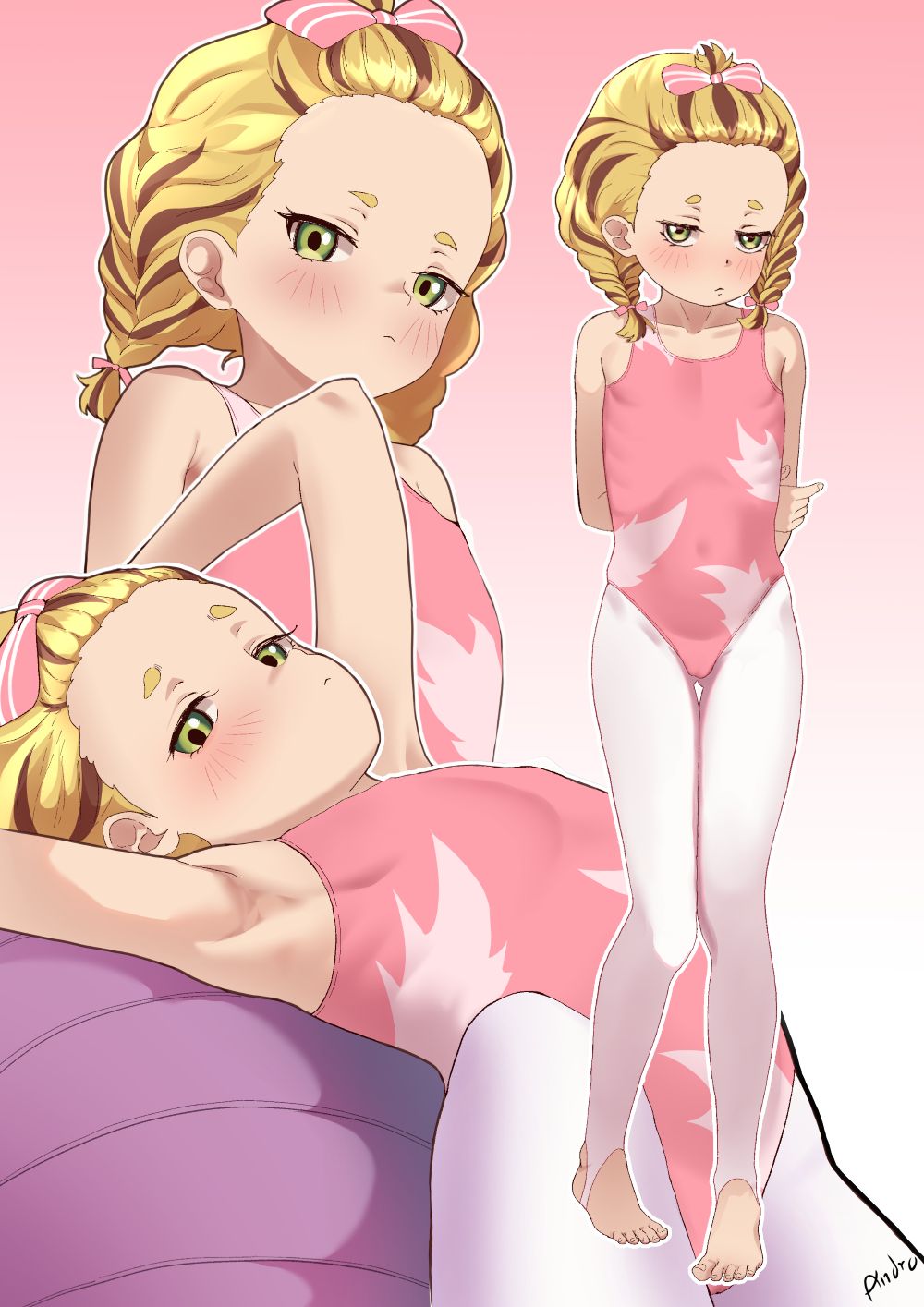 1girl, armpits, arms_behind_head, bad_tag, ball, blush, feet, flat_chest, full_body, gradient_background, green_eyes, hair_ribbon, highres, kitora_kanna, leotard, loli, lolipop_ags, long_hair, medalist_(manga), pantyhose, ribbon, solo, standing, thighs, toeless_legwear, toes, twintails