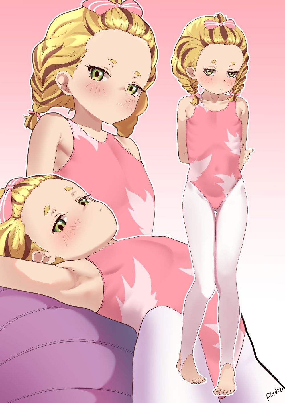 1girl, armpits, arms_behind_head, bad_tag, ball, blush, feet, flat_chest, full_body, gradient_background, green_eyes, hair_ribbon, highres, kitora_kanna, leotard, loli, lolipop_ags, long_hair, medalist_(manga), pantyhose, ribbon, solo, standing, thighs, toeless_legwear, toes, twintails