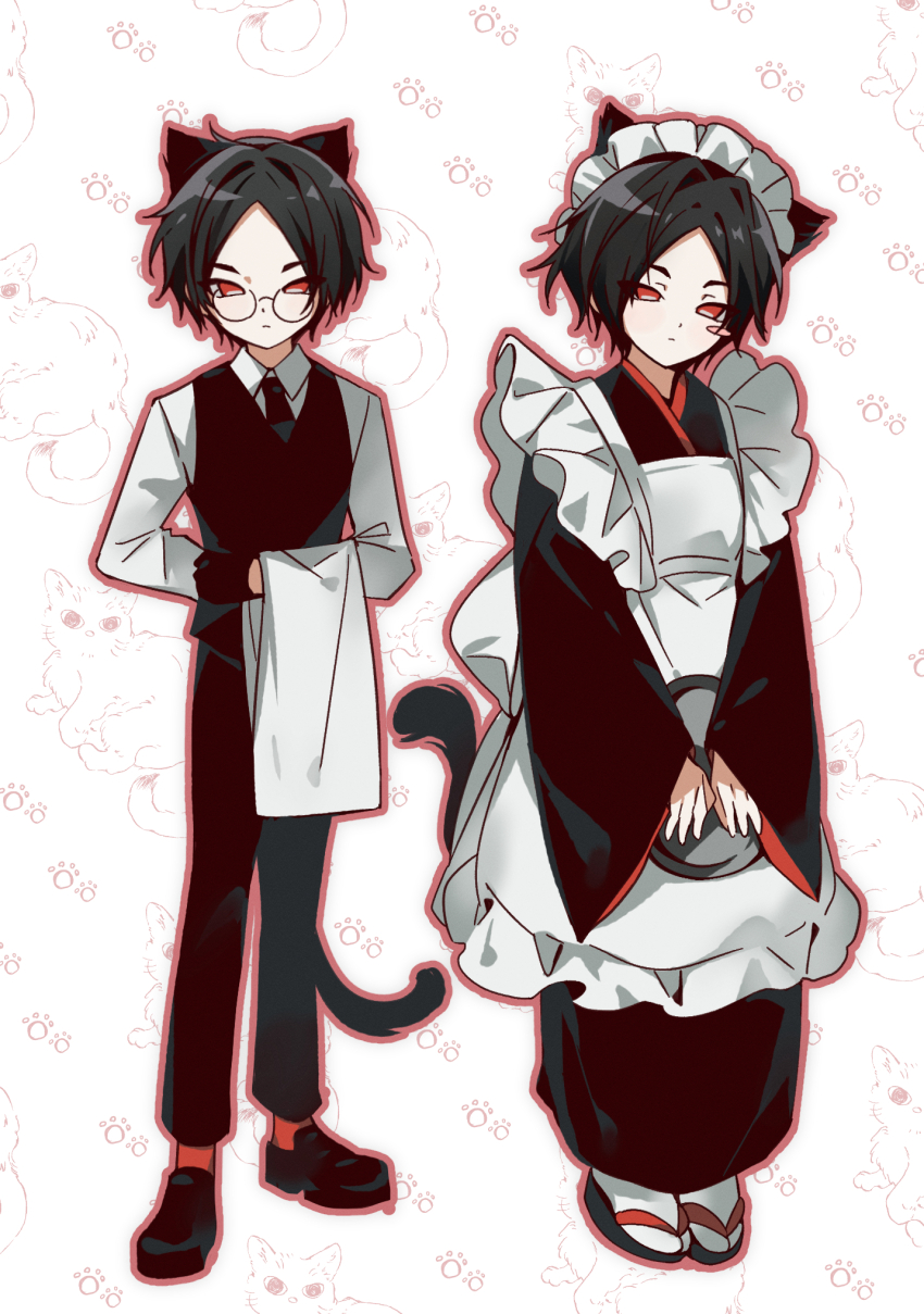 2boys, animal_ears, aomi_(ooe), apron, arm_behind_back, black_gloves, black_hair, black_kimono