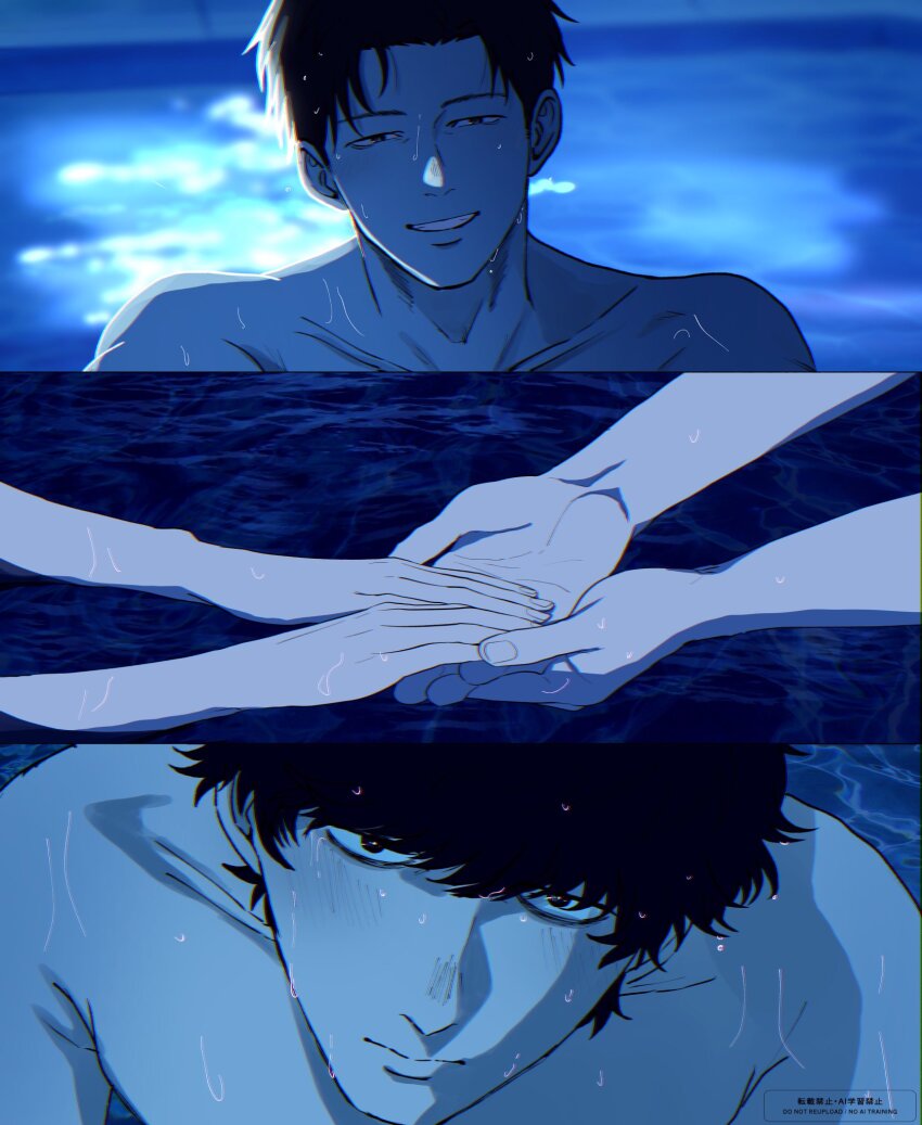 2boys, black_hair, blush, closed_mouth, commentary_request, grin, highres, holding_hands