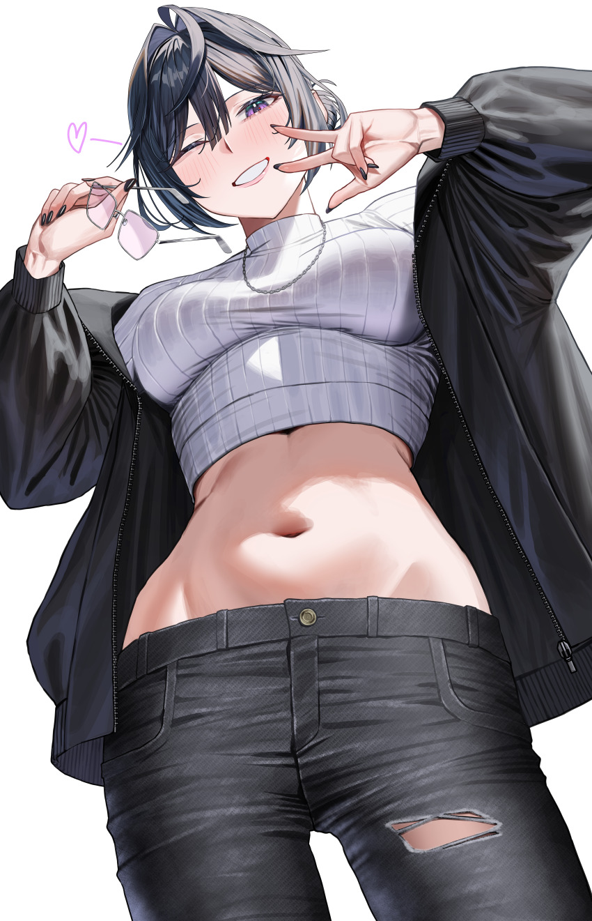1girl, absurdres, breasts, commentary_request, crop_top, from_below, grey_hair, groin, hair_bun, highres, holding, holding_removed_eyewear, jacket, jewelry, kisara_(nijisanji), large_breasts, lowleg, midriff, navel, necklace, nijisanji, one_eye_closed, open_clothes, open_jacket, pants, purple_eyes, smile, unworn_eyewear, v, virtual_youtuber, white_background, yumesaki_eden