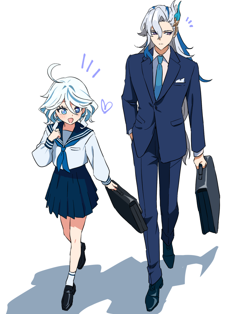 1boy, 1girl, alternate_costume, ankle_socks, black_shoes, blue_eyes, blue_hair, blue_jacket