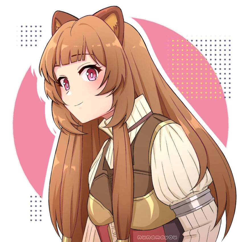 1girl, abstract_background, alternate_breast_size_(smaller), animal_ear_fluff, animal_ears, armor, artist_logo, artist_name, black_dress, blunt_bangs, breastplate, breasts, brown_hair, closed_mouth, collared_dress, commentary, dress, from_side, grey_background, hair_tubes, high_collar, highres, layered_dress, logo, long_hair, long_sleeves, looking_at_viewer, looking_to_the_side, metal_arm_cuffs, metal_hair_tubes, neck_ribbon, nunamayou, outline, pink_background, pink_eyes, pinstripe_dress, pinstripe_pattern, raccoon_ears, raccoon_girl, raphtalia, red_dress, red_ribbon, ribbon, sleeveless, sleeveless_dress, small_breasts, smile, solo, straight_hair, tate_no_yuusha_no_nariagari, two-tone_dress, upper_body, watermark, white_background, white_dress, white_outline, yellow_background