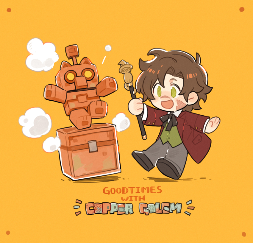 1boy, 1other, :d, ahoge, animification, black_bow, black_bowtie, black_shoes, bow, bowtie, brown_hair, cane, chest_(furniture), chibi, chibi_only, coat, commentary, copper_golem_(minecraft), english_text, goodtimeswithscar, goodtimeswithscar_(tycoon), green_eyes, green_vest, grey_pants, hermitcraft, highres, holding, holding_cane, jellie_(hermitcraft), long_sleeves, luminous_slime, male_focus, minecraft, minecraft_youtube, official_alternate_costume, open_mouth, pants, red_coat, scar, shoes, short_hair, simple_background, smile, solo_focus, untranslatable_commentary, vest, yellow_background