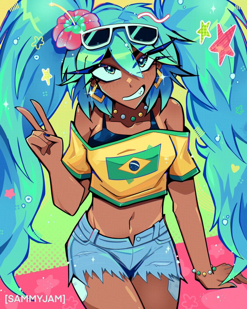 1girl, aqua_eyes, aqua_hair, artist_name, bead_necklace, beads, bikini, brazilian_flag, brazilian_flag_print, brazilian_miku, breasts, colorful, commentary, dark-skinned_female, dark_skin, earrings, eyewear_on_head, flag_print, flower, grin, gyaru, hair_flower, hair_ornament, hatsune_miku, hibiscus, highres, jewelry, long_hair, looking_at_viewer, necklace, sammy_jam, shirt, shorts, sitting, small_breasts, smile, solo, sunglasses, swimsuit, tan, tanline, twintails, v, vocaloid, yellow_shirt