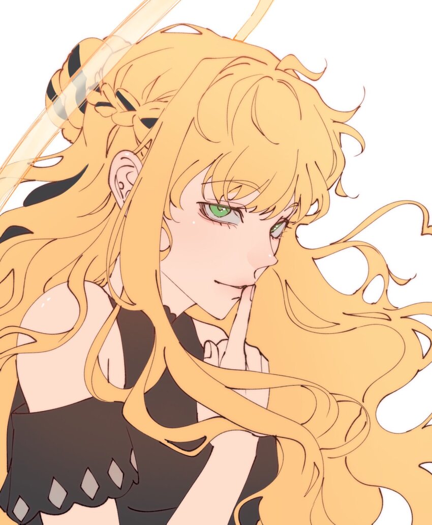 1girl, aegyo_sal, black_dress, blonde_hair, braid, clothing_cutout, crown_braid, dress