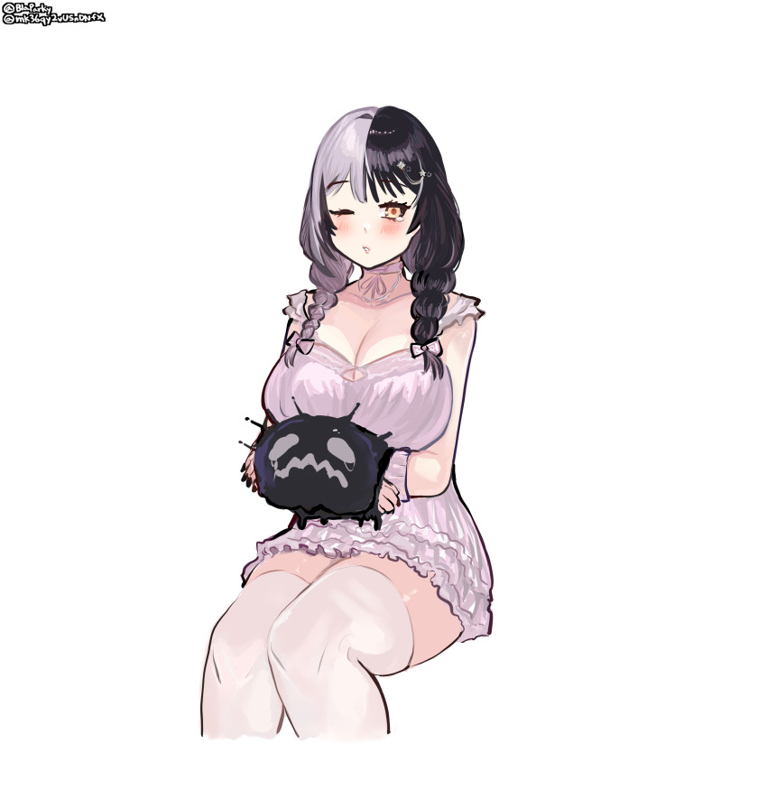 1other, absurdres, black_hair, blaparky, blush, braid, breasts, cleavage