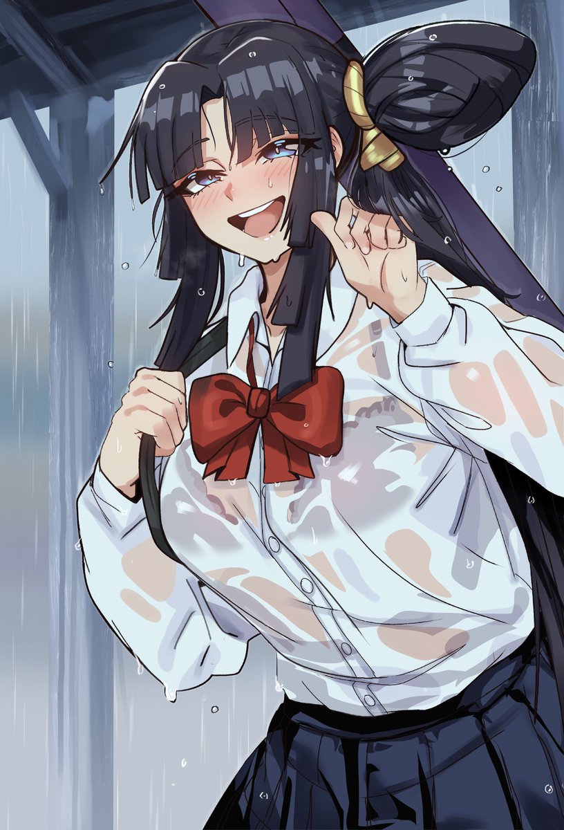 1girl, alternate_costume, bag, black_hair, black_skirt, blue_eyes, blush, bow