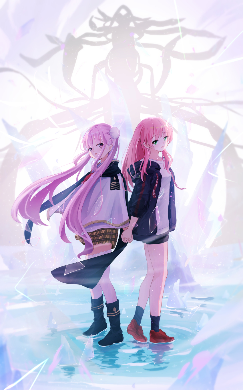 2girls, absurdres, aikawa_megumi, aikawa_megumi_(casual), backlighting, black_boots, black_cape, black_jacket