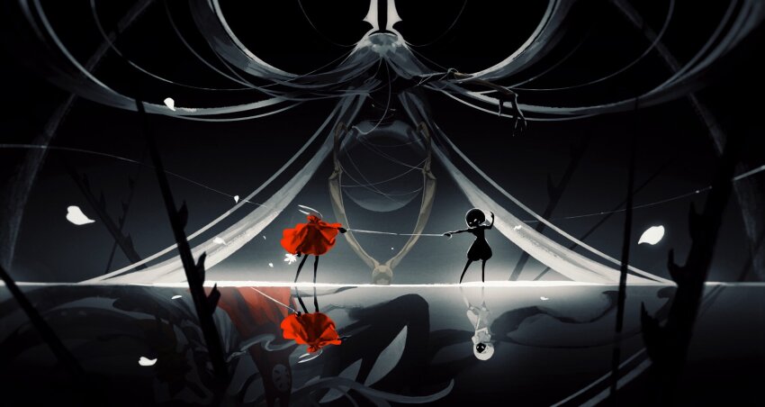 4girls, absurdly_long_hair, arthropod_girl, black_eyes, black_skin, boss_fight, bound, cloak, colored_skin, corvus_noctis, extra_eyes, faceless, flower, full_body, giant, giantess, grand_mother_silk_(hollow_knight), herrah_(hollow_knight), highres, holding, holding_needle, holding_weapon, hollow_eyes, hollow_knight, hollow_knight:_silksong, horned_mask, hornet_(hollow_knight), horns, lace_(hollow_knight), long_hair, looking_at_another, lost_lace, mask, multiple_girls, needle, needle_(hollow_knight), no_mouth, pin_(hollow_knight), red_cloak, reflection, reflective_liquid, spoilers, standing, tentacles, thread, very_long_hair, weapon, white_flower, white_hair, white_mask
