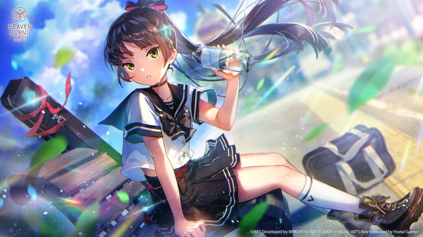 1girl, arm_at_side, bench, black_boots, black_bow, black_bowtie, black_choker, black_hair