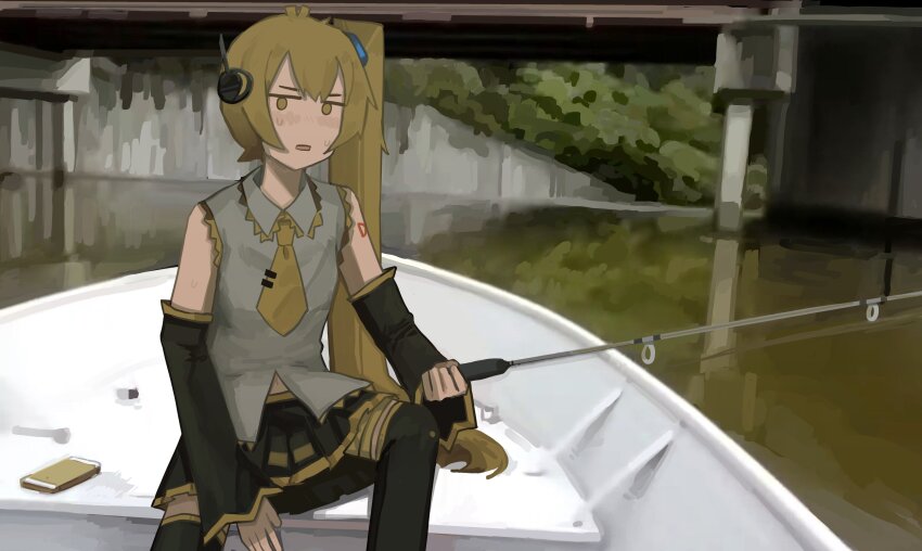 1girl, absurdres, akita_neru, blonde_hair, boat, cellphone, collared_shirt, detached_sleeves