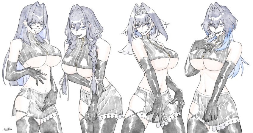 1girl, bare_shoulders, biscuitaart, black_gloves, black_thighhighs, blue_eyes, blue_hair, braid