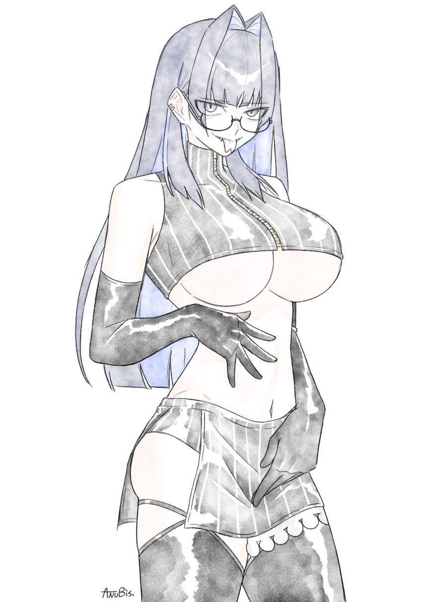 1girl, bare_shoulders, biscuitaart, black_thighhighs, blue_eyes, blue_hair, breasts, cleavage