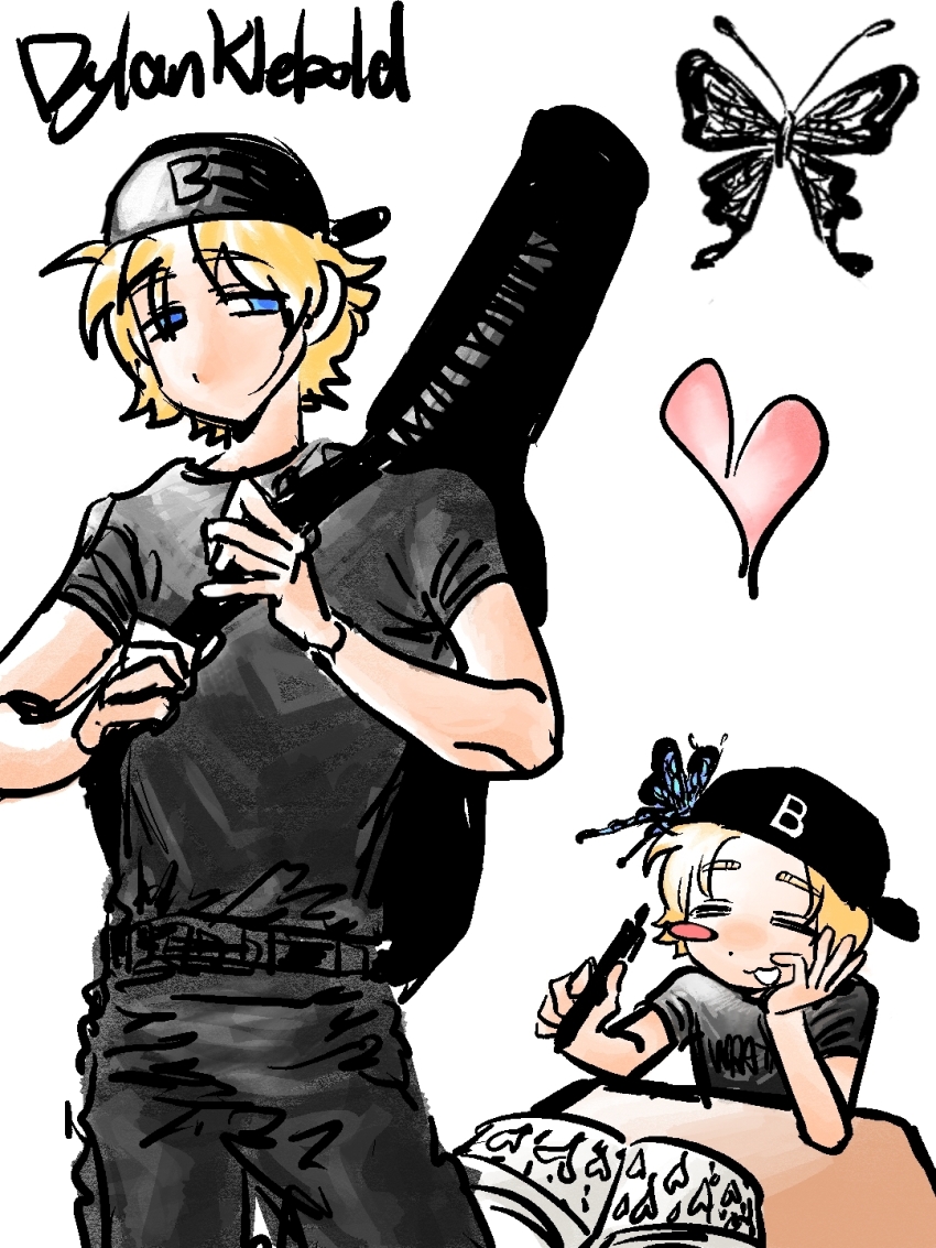 1boy, :3, :d, ^_^, animification, backwards_hat, bare_arms, baseball_cap, belt, black_belt, black_hat, black_pants, black_shirt, blonde_hair, blue_butterfly, blue_eyes, blush_stickers, bug, butterfly, butterfly_on_head, character_name, chinese_commentary, closed_eyes, closed_mouth, commentary_request, cowboy_shot, dylan_klebold, elbows_on_table, eyes_visible_through_hair, guitar_case, hand_on_own_cheek, hand_on_own_face, hands_up, hat, heart, highres, holding, holding_pen, insect, instrument_case, instrument_case_on_back, kalyakofriev, looking_at_viewer, male_focus, multiple_views, notebook, open_mouth, pants, pen, raised_eyebrows, real_life, shirt, short_hair, sideways_glance, simple_background, single_blush_sticker, smile, standing, t-shirt, table, true_crime, upper_body, white_background