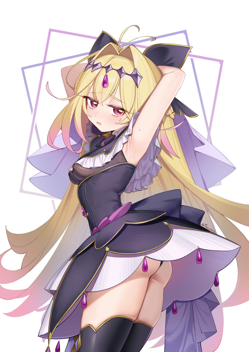 1797928123, 1girl, absurdres, antenna_hair, armpits, arms_behind_head, ass, black_bow