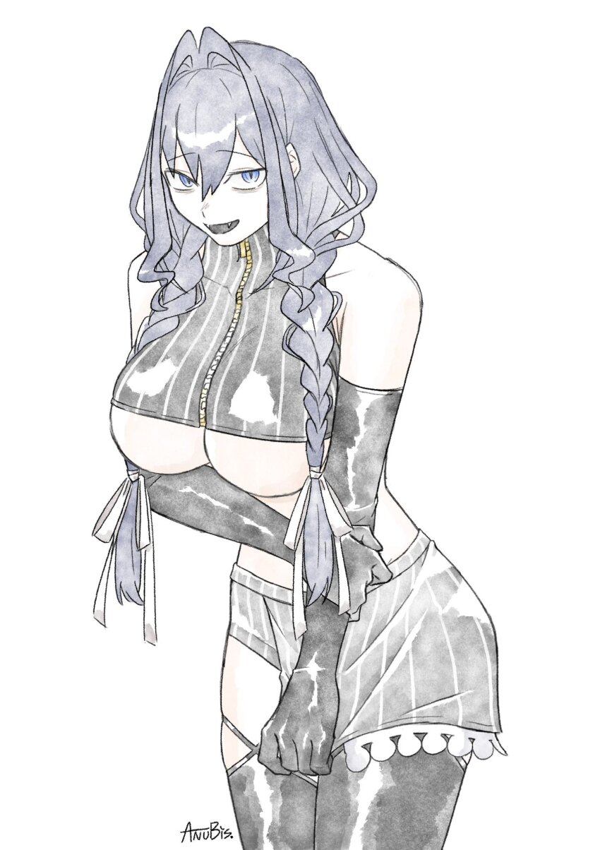 1girl, bare_shoulders, biscuitaart, black_gloves, black_thighhighs, blue_eyes, blue_hair, bow