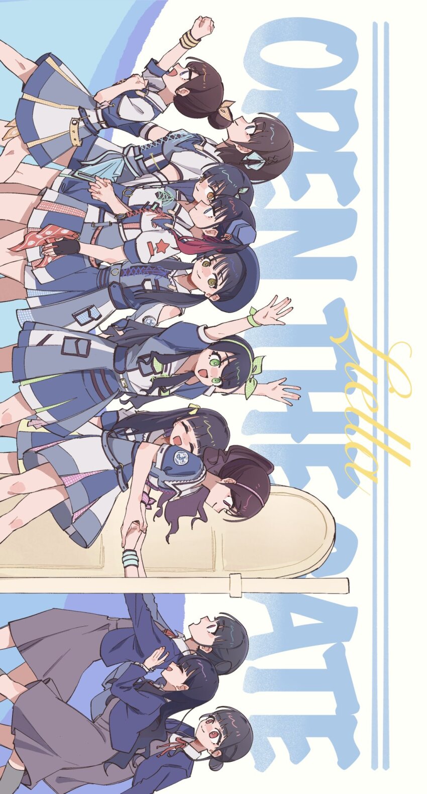 6+girls, animification, aoyama_nagisa, arm_up, arms_up, black_gloves, black_hair, blue_hat