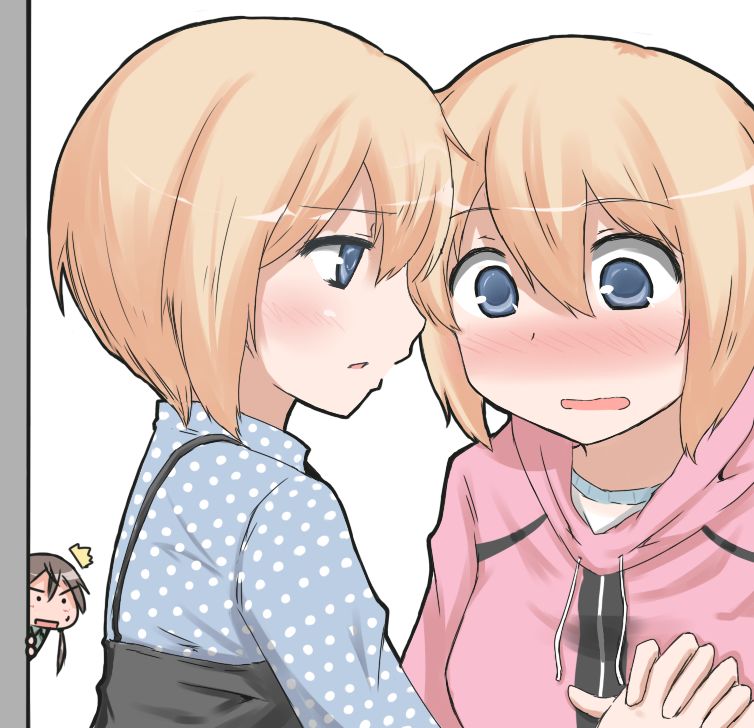 3girls, ^^^, blonde_hair, blue_eyes, blush, brown_hair, commentary, erica_hartmann
