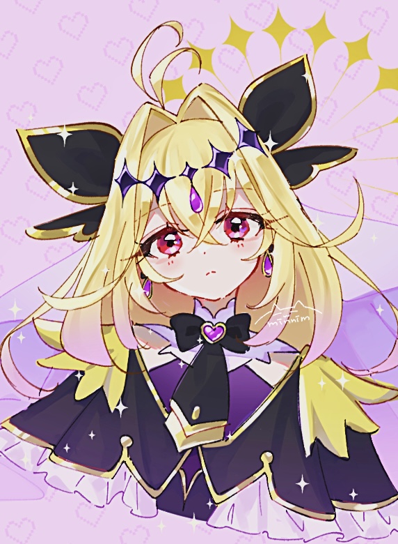 1girl, antenna_hair, artist_name, black_capelet, black_dress, blonde_hair, brooch, capelet