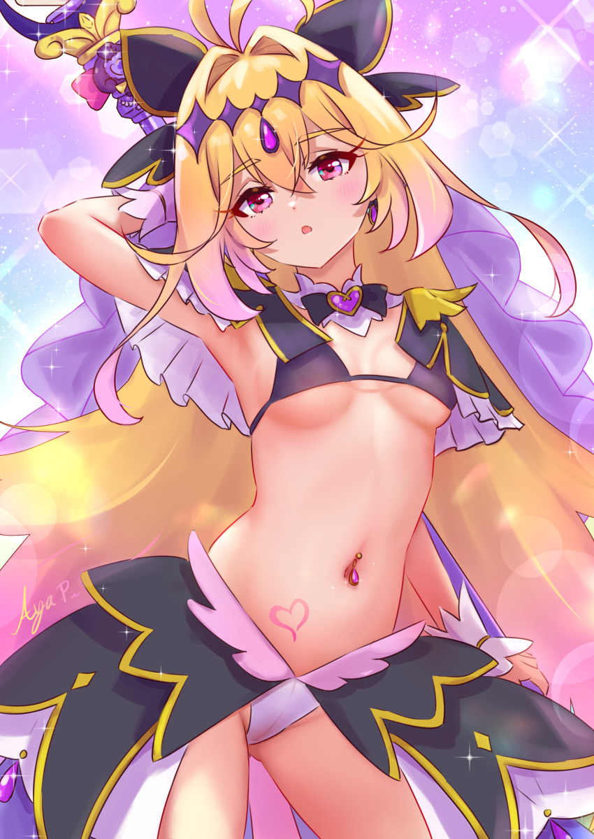 1girl, absurdres, adapted_costume, antenna_hair, arm_behind_head, artist_name, bikini, black_bikini, black_bow, black_bowtie, black_capelet, black_skirt, blonde_hair, blurry, bokeh, bow, bowtie, breasts, brooch, capelet, commentary, cowboy_shot, cure_arcana_shadow, depth_of_field, detached_collar, diamond_hairband, earrings, frilled_capelet, frilled_cuffs, frills, gradient_hair, hair_intakes, half-closed_eyes, head_tilt, heart, heart_brooch, highres, holding, holding_behind_back, holding_staff, jewelry, koaya, light_blush, long_hair, looking_at_viewer, meitantei_precure!, mismatched_bikini, moria_luluka, multicolored_hair, navel_piercing, open_mouth, piercing, precure, purple_eyes, purple_veil, revealing_clothes, showgirl_skirt, signature, skirt, small_breasts, solo, sparkle, staff, standing, stomach_tattoo, swimsuit, tattoo, tear_arcana_rod, veil, white_bikini, wrist_cuffs