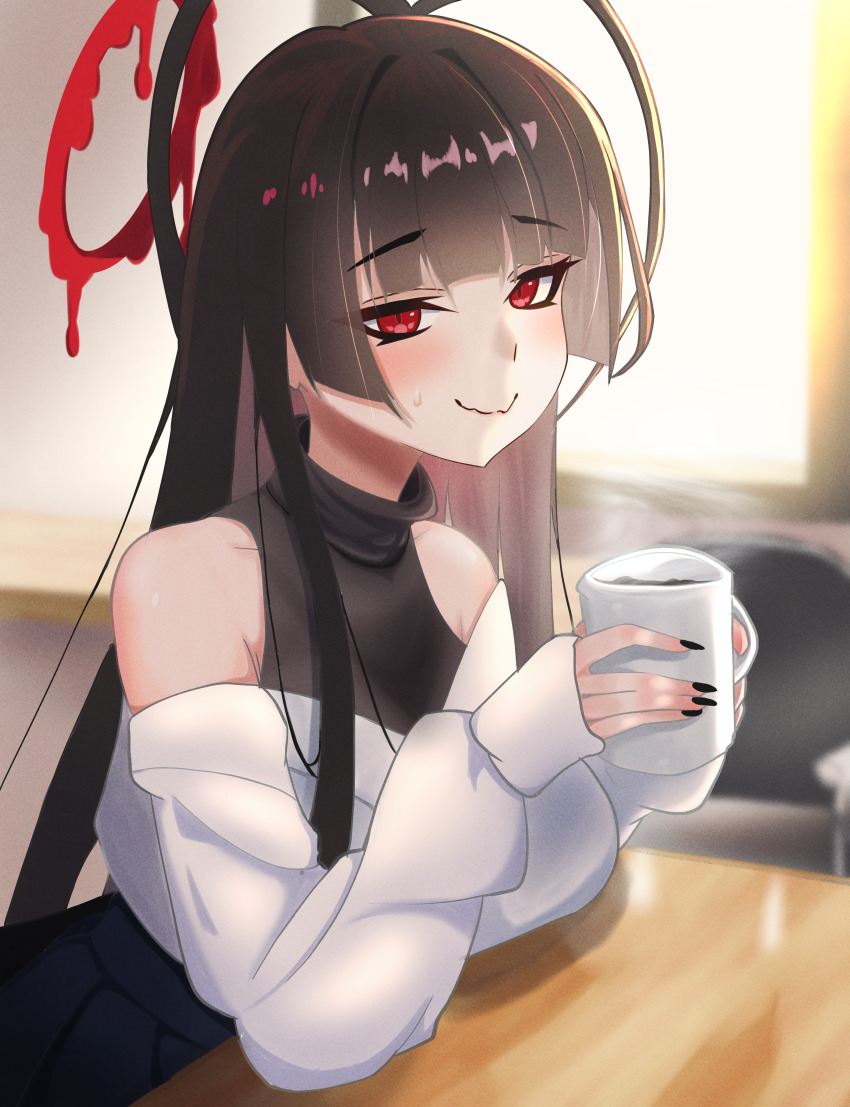 1girl, absurdres, bare_shoulders, black_hair, black_nails, blood, blood_halo, blue_archive, blush, breasts, commentary_request, cup, halo, highres, holding, holding_cup, large_breasts, liquid_halo, long_hair, long_sleeves, nail_polish, nervous_sweating, red_eyes, red_halo, sabo10_fighter, solo, sweat, tsurugi_(blue_archive), wavy_mouth