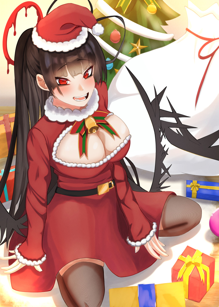 1girl, absurdres, belt, black_belt, black_hair, blood, blood_halo, blue_archive