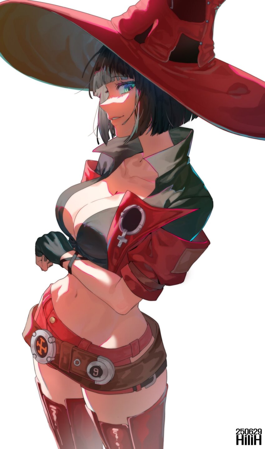 1girl, arc_system_works, black_hair, breasts, cleavage, collarbone, fingerless_gloves, gloves, green_eyes, guilty_gear, guilty_gear_strive, hat, hilih_0107, i-no, large_breasts, midriff, navel, solo, thighhighs, witch_hat