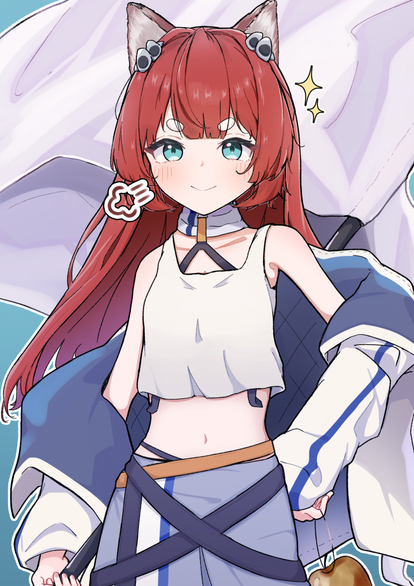 1girl, absurdres, akekuri_(arknights), animal_ears, arknights, arknights:_endfield, barurun_pen, blue_eyes, breasts, closed_mouth, commentary_request, cosplay, dog_ears, dog_girl, flag, food, highres, long_hair, long_sleeves, looking_at_viewer, midriff, myrtle_(arknights), myrtle_(arknights)_(cosplay), navel, partial_commentary, red_hair, small_breasts, smile, solo, straight-on