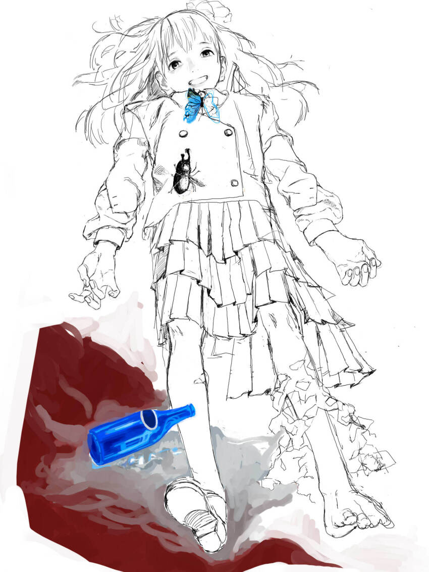 1girl, blue_butterfly, bottle, bug, butterfly, buttons, collared_shirt, commentary