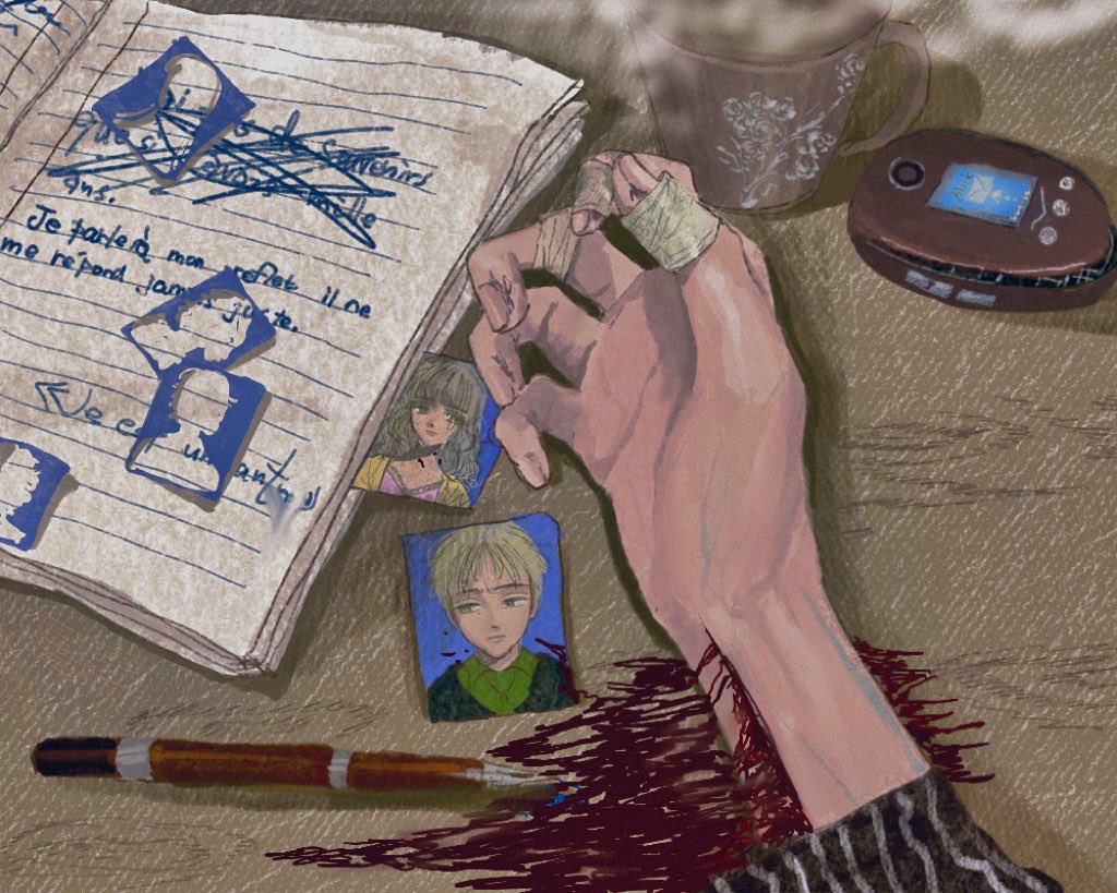 1other, ambiguous_gender, bandaged_hand, bandages, bleeding, blood, french_text, fuquan9921