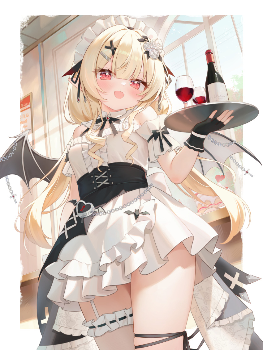 1girl, absurdres, armband, asymmetrical_wings, black_bow, black_gloves, black_wings, blonde_hair, blush, border, bottle, bow, cake, chain, commentary_request, cup, demon_wings, dress, drinking_glass, fingerless_gloves, food, gloves, heart, highres, indoors, irregular_border, long_hair, looking_at_viewer, maid, maid_headdress, mismatched_wings, open_mouth, original, pointy_ears, polecat_(pixiv_31682054), poster_(object), red_eyes, skindentation, sleeveless, sleeveless_dress, thick_thighs, thigh_strap, thighs, tray, vampire, white_dress, white_wings, window, wine_bottle, wine_glass, wings