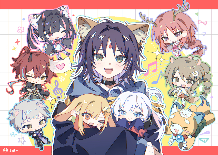 >_<, >_o, 3boys, 5girls, :d, ahoge, animal_ear_fluff, animal_ears