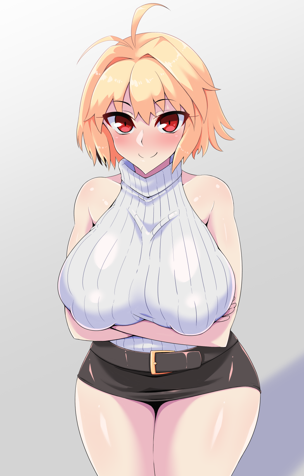 1girl, ahoge, alternate_breast_size_(larger), alternate_costume, arcueid_brunestud, belt, black_skirt, blonde_hair