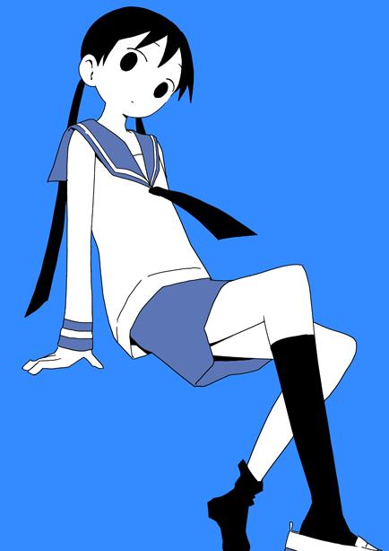 1girl, bad_id, bad_pixiv_id, black_eyes, black_hair, black_necktie, black_socks, blue_background