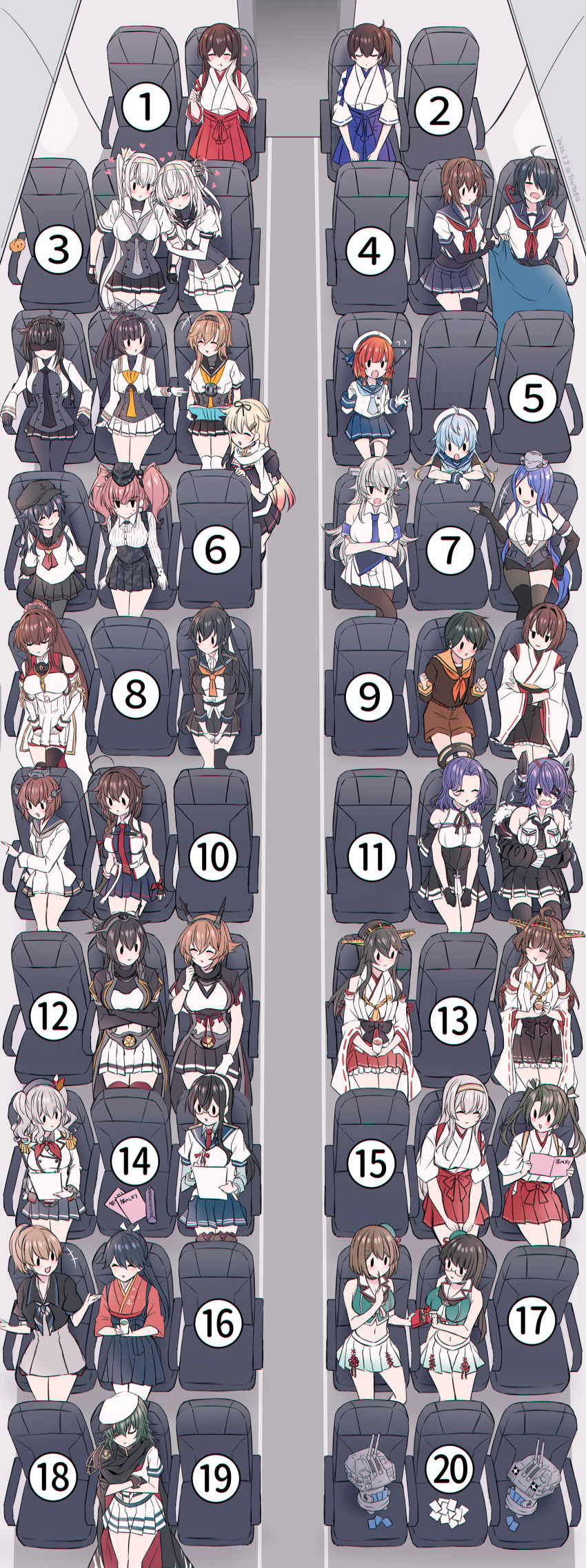 6+girls, absurdres, ahoge, airplane_interior, akagi_(kancolle), akatsuki_(kancolle), akatsuki_kai_ni_(kancolle), akizuki_(kancolle)