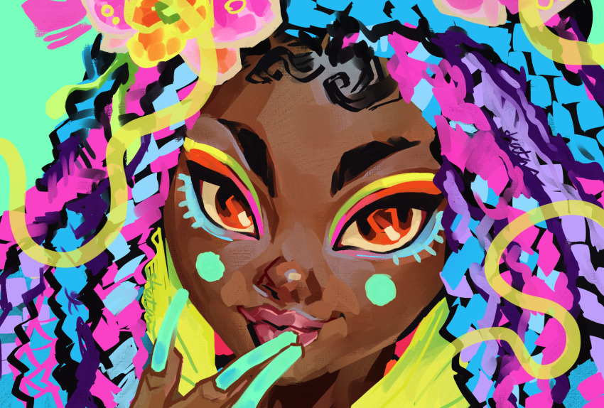 1girl, aqua_nails, blue_eyeliner, blue_hair, box_braids, chi_chi_(dollightful), closed_mouth, dollightful