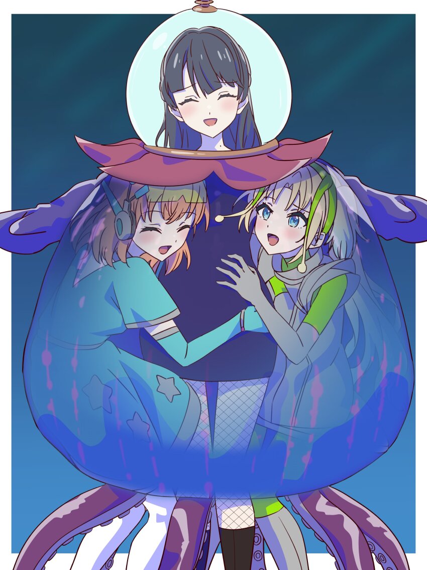 3girls, :d, absurdres, alien_costume, black_dress, black_hair, blonde_hair, blue_background