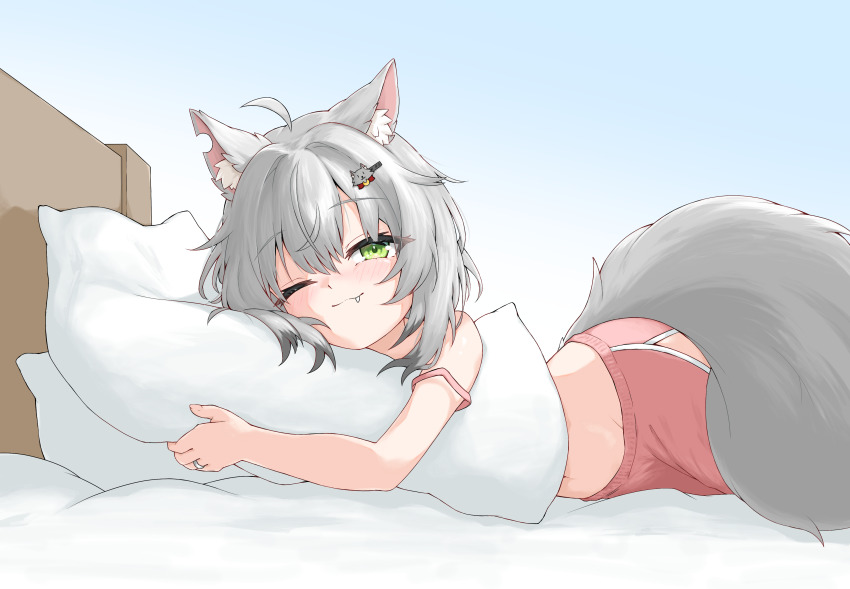 1girl, absurdres, animal_ears, animal_hair_ornament, bed, blush, colored_tips, commentary_request