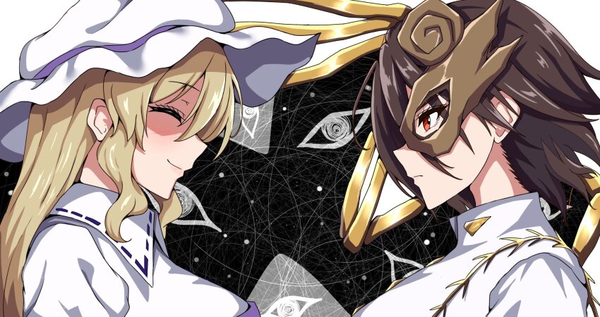 2girls, blonde_hair, brown_hair, closed_eyes, closed_mouth, collared_shirt, commentary, expressionless