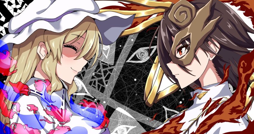 2girls, blonde_hair, brown_hair, closed_eyes, closed_mouth, collared_shirt, commentary, expressionless