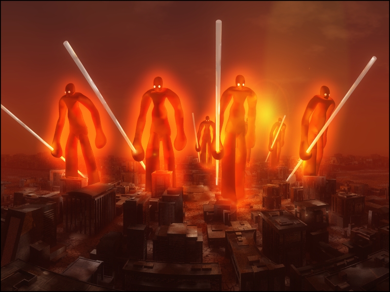 1980s_(style), 3d, 6+others, aiuuu, city, giant, glowing, glowing_eyes, kaze_no_tani_no_nausicaa, kyoshinhei, multiple_others, no_humans, oldschool, outdoors, retro_artstyle, staff, studio_ghibli, the_seven_days_of_fire