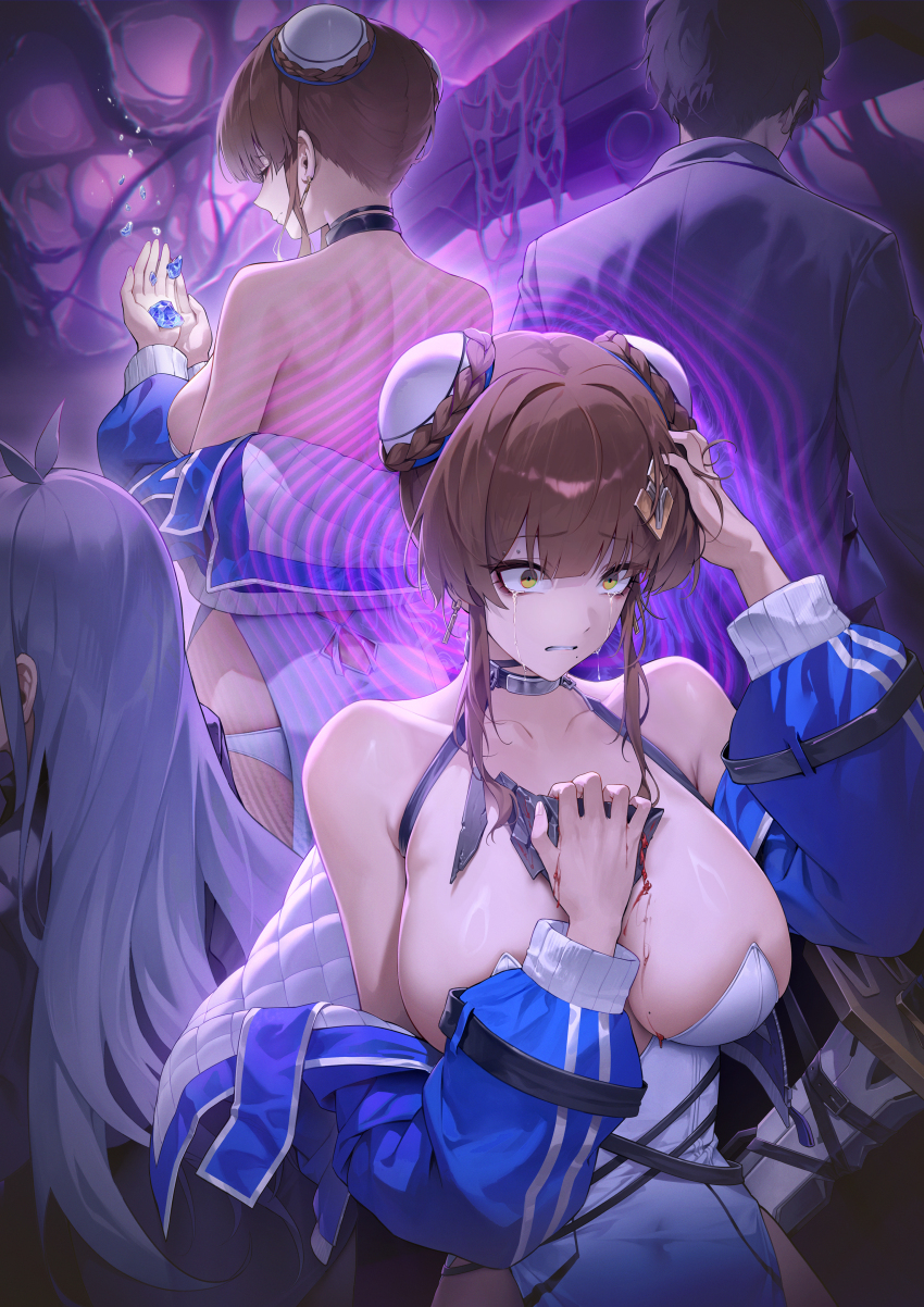1boy, 2girls, absurdres, back, black_choker, black_hair, blood, blue_jacket, blush, braid, braided_bun, breasts, brown_hair, captain_(chaos_zero_nightmare), chaos_zero_nightmare, choker, commentary_request, cropped_jacket, crying, cryturtle, dress, eyeliner, gradient_clothes, grey_hair, hair_between_eyes, hair_bun, hair_ornament, hand_up, highres, huge_breasts, jacket, long_sleeves, makeup, mole, mole_on_breast, mole_under_mouth, multiple_girls, multiple_views, panties, panty_straps, pelvic_curtain, piercing, red_eyeliner, short_hair, short_hair_with_long_locks, sidelocks, standing, strap, strapless, strapless_dress, undersized_breast_cup, underwear, white_dress, white_panties, white_trim, yellow_eyes, yuki_(chaos_zero_nightmare)