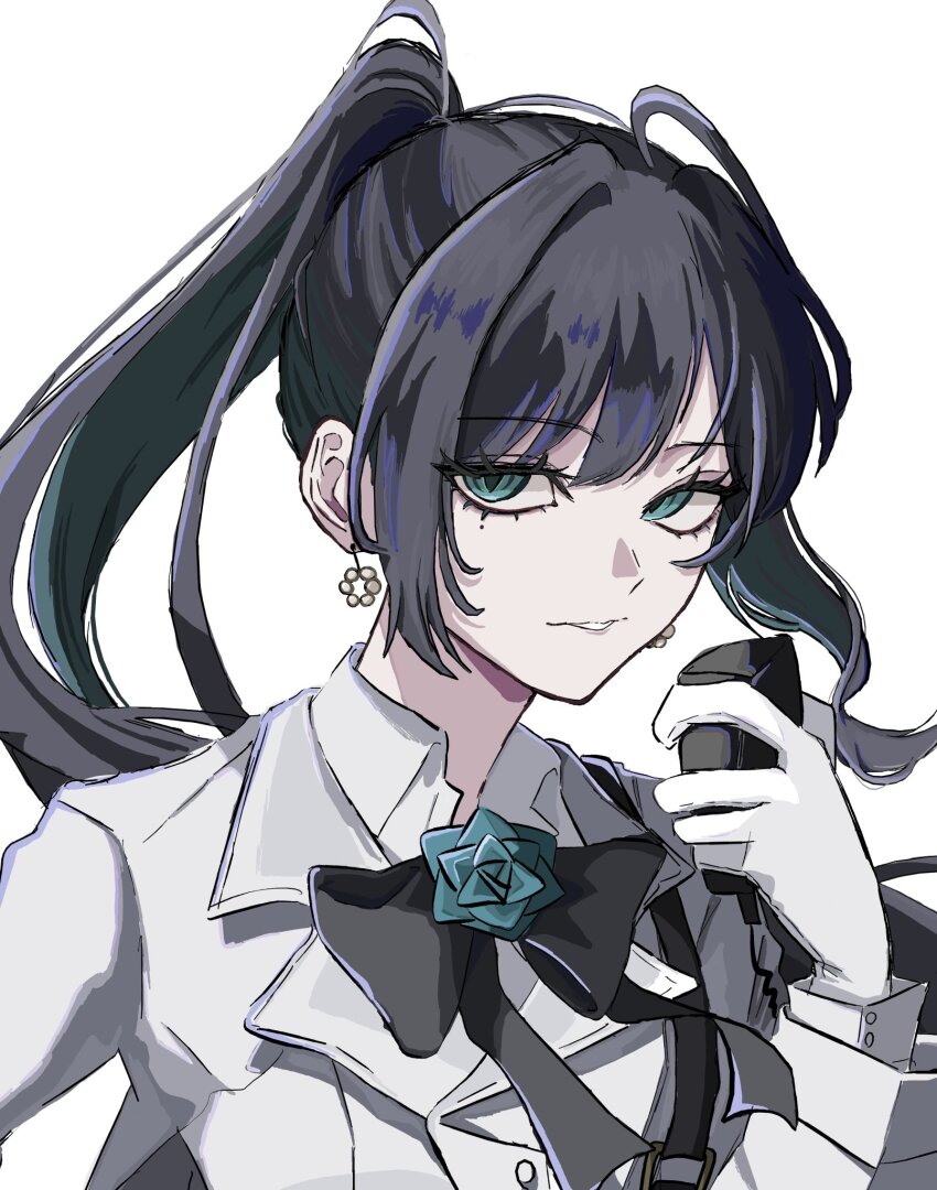 1girl, ado_(utaite), black_bow, black_bowtie, black_hair, blue_eyes, bow, bowtie, chando_(ado), commentary, english_commentary, gloves, hashtag-only_commentary, highres, holding, holding_microphone, jacket, long_hair, maro_1024, microphone, mole, mole_under_eye, parted_lips, simple_background, solo, utaite, white_background, white_gloves, white_jacket