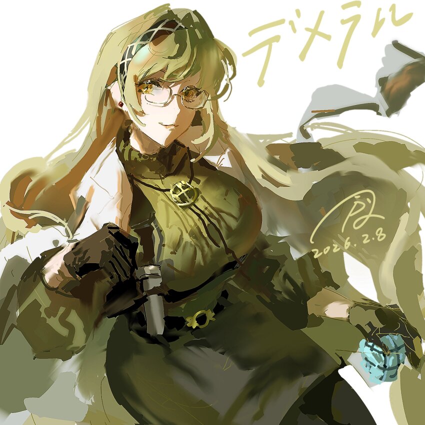 1girl, black_gloves, black_skirt, blonde_hair, breasts, commentary_request, dated, demeter_(fate)