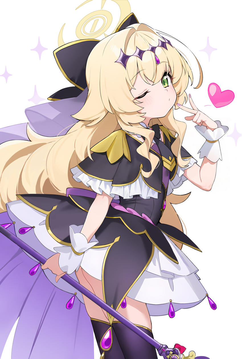 1girl, black_capelet, black_dress, black_thighhighs, blonde_hair, blue_archive, blush, capelet, closed_mouth, commentary, cosplay, cowboy_shot, cure_arcana_shadow, cure_arcana_shadow_(cosplay), dombear, dress, fluffy_hair, frills, gem, green_eyes, halo, heart, highres, holding, holding_staff, long_hair, looking_at_viewer, magical_girl, meitantei_precure!, one_eye_closed, precure, professor_niyaniya_(blue_archive), purple_nails, side_ahoge, sleeveless, sleeveless_dress, solo, staff, standing, tear_arcana_rod, thighhighs, thighs, v, white_background, wrist_cuffs, yellow_halo, zettai_ryouiki