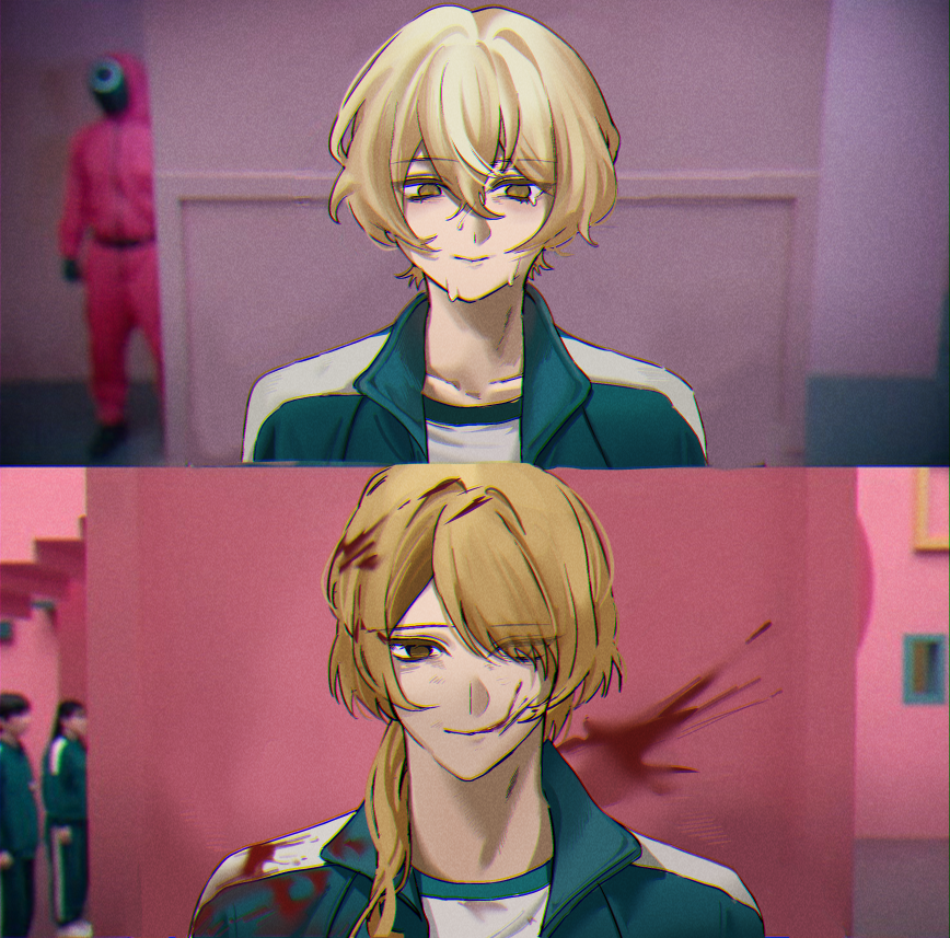 2boys, a_certain_sinclair_(project_moon), aged_up, aqua_track_suit, aqua_trim, blonde_hair, blood, blood_in_hair