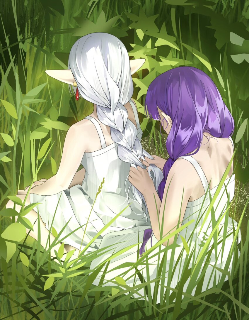 2girls, bare_shoulders, braid, braided_ponytail, braiding_another's_hair, braiding_hair, commentary, day, dress, earrings, elf, fern_(sousou_no_frieren), frieren, from_behind, grass, hair_over_shoulder, hairdressing, hashtag-only_commentary, highres, jewelry, long_hair, multiple_girls, o0hiruko0o, on_ground, outdoors, pointy_ears, purple_hair, sitting, sleeveless, sleeveless_dress, sousou_no_frieren, teardrop_earrings, twin_braids, white_dress, white_hair
